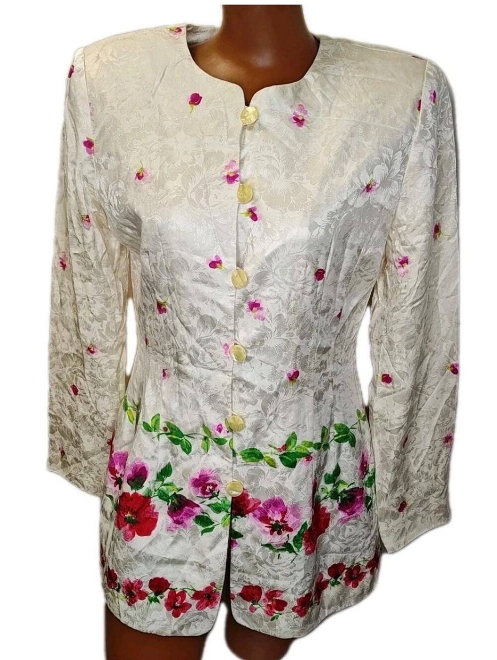 Kenneth Nolan Silk Lady Jacket Sz 6/Sm Satin Jacquard Floral Button Cottage Boho